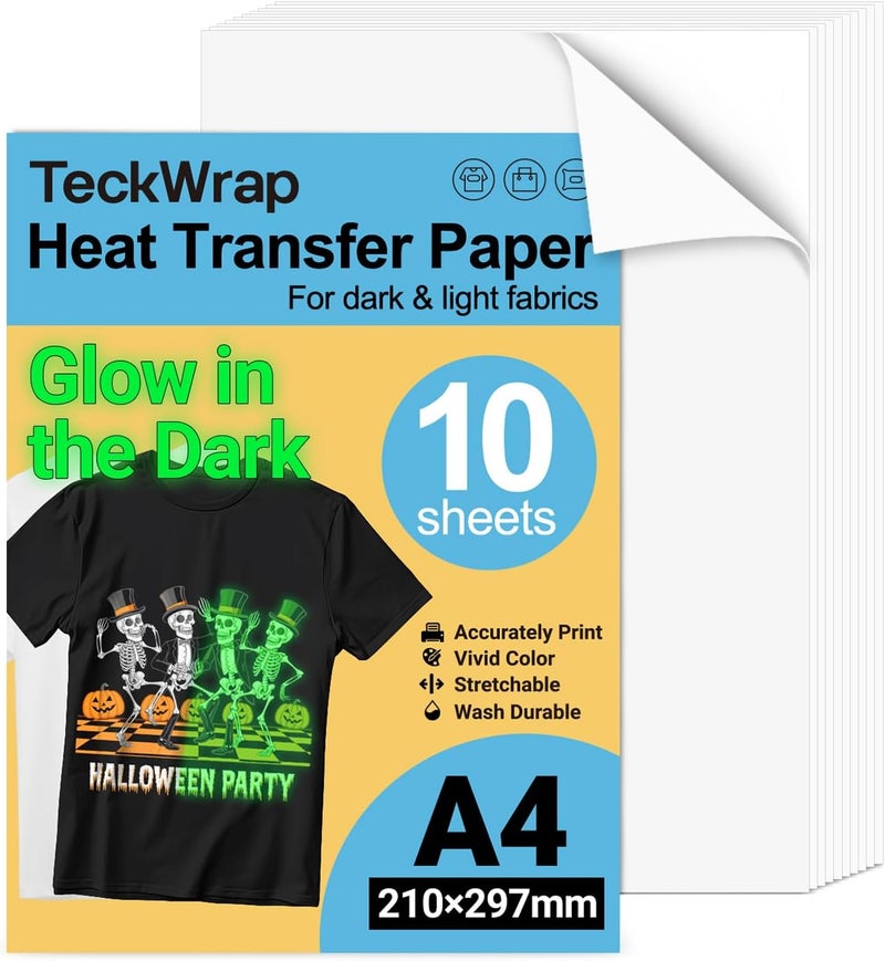 TECKWRAP Printable Heat Transfer Paper for T-Shirts 10 Sheets, 8.3" X 11.7" Printable Heat Transfer Vinyl for Inkjet Printer, Iron on Transfer Paper for Light and Dark Fabric (Glow in Dark) - Image 1